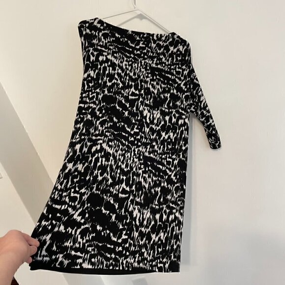 ANN TAYLOR Graphic Sonnet Print Tie Waist Dress Black White Geo Sheath NO BELT M - Picture 15 of 15